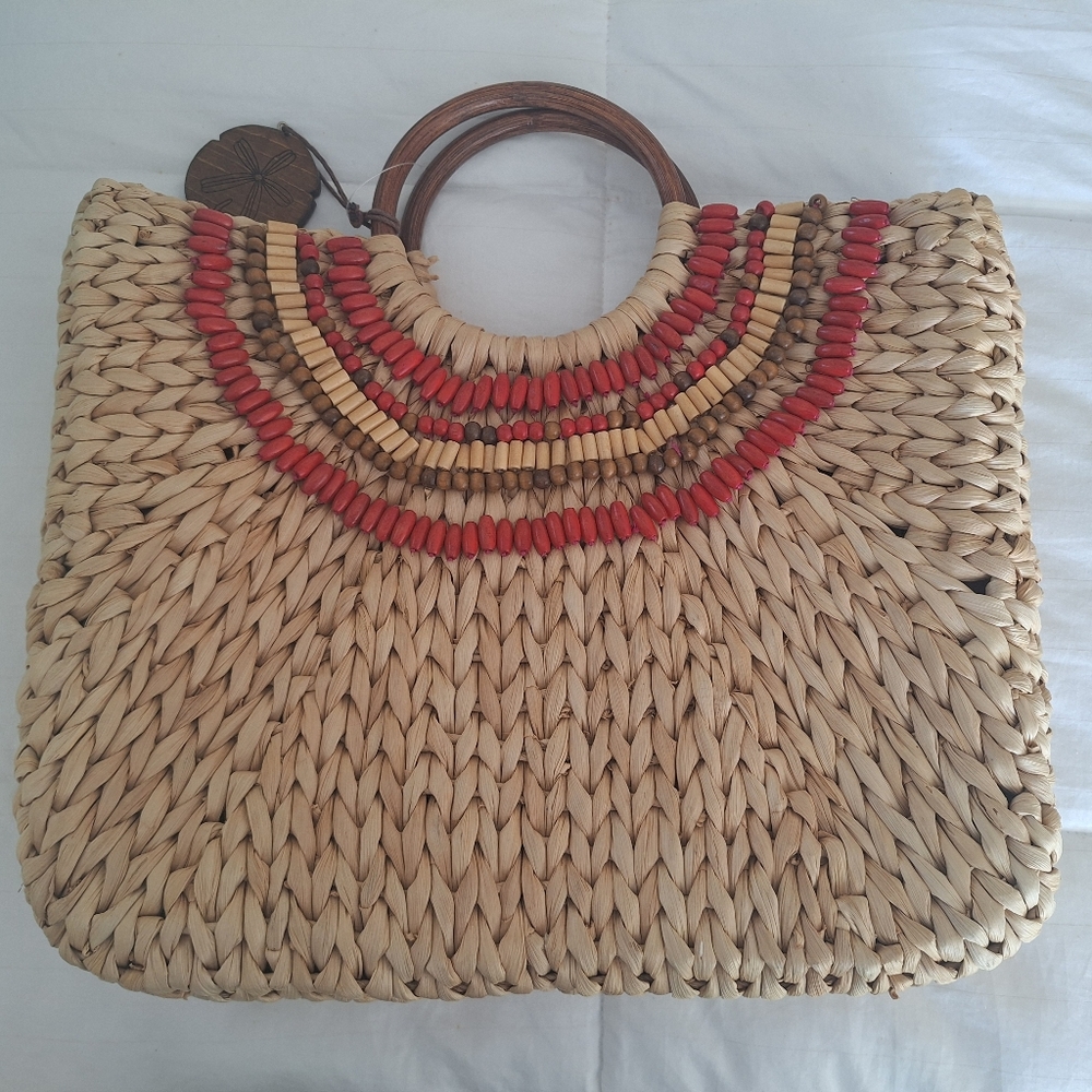 Handcrafted Straw Tote Bag with Red Accents; SUN AND SAND